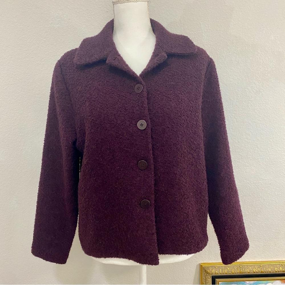 Eileen Fisher Rich Plum Women's‎ Boucle Wool Teddy Jacket Button Collar Sz Small